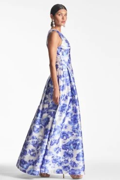 Brooke Gown - Azure Watercolor Floral 9 Brooke Gown - Azure Watercolor Floral -Feminine Style Shop BROOKEGOWN AZUREWATERCOLORFLORAL SIDE