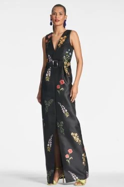 Marsden Gown - Noir Bouquet -Feminine Style Shop MARSDENGOWN BELTED NOIRBOUQUET FRONT