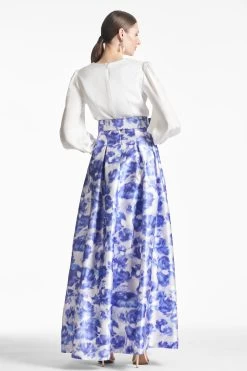 Zoe Gown - Off White/Azure Watercolor -Feminine Style Shop ZOEGOWN IVORY.AZUREWATERCOLORFLORAL BACK